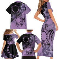 Cook Islands Turtle Family Matching Short Sleeve Bodycon Dress and Hawaiian Shirt Stars and Hibiscus - Purple