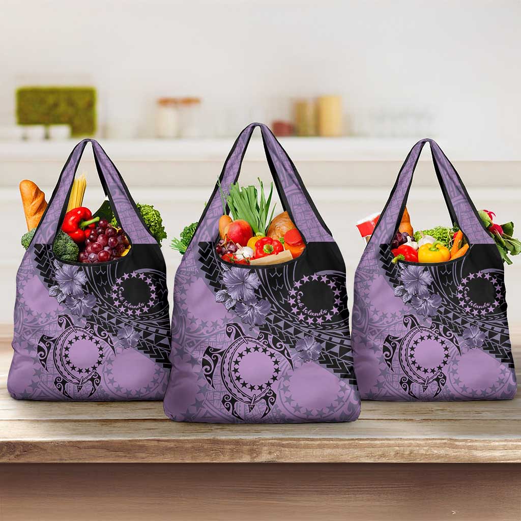 Cook Islands Turtle Grocery Bag Stars and Hibiscus - Purple