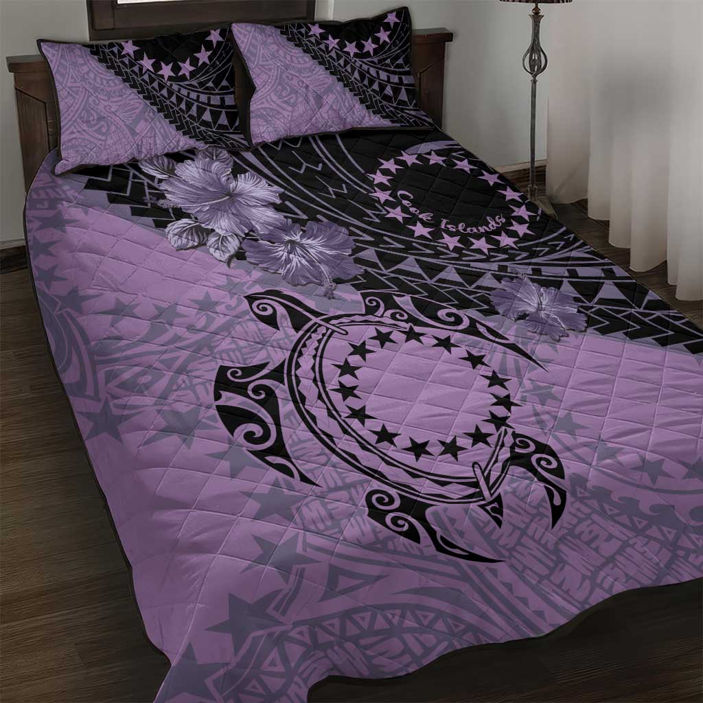 Cook Islands Turtle Quilt Bed Set Stars and Hibiscus - Purple