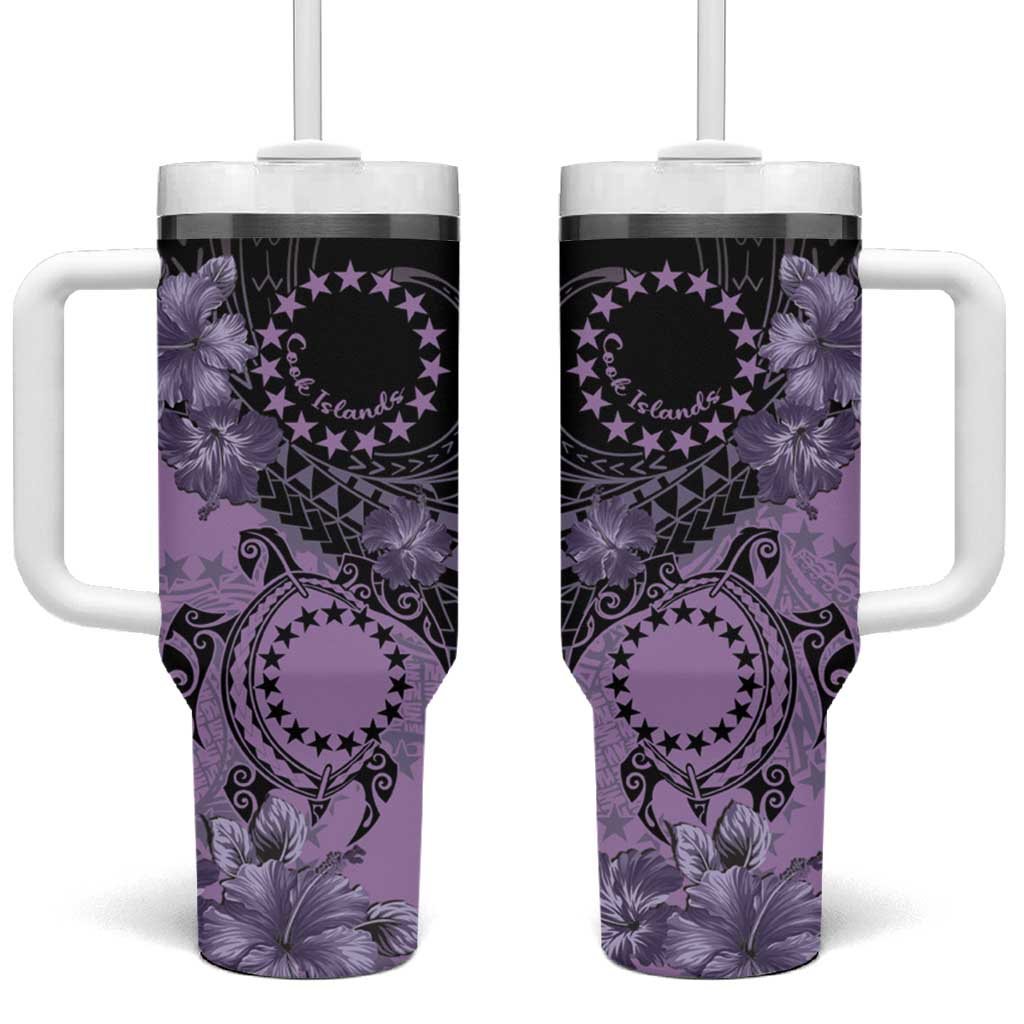Cook Islands Turtle Tumbler With Handle Stars and Hibiscus - Purple