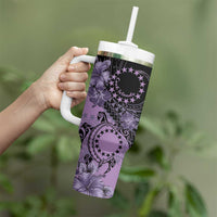 Cook Islands Turtle Tumbler With Handle Stars and Hibiscus - Purple