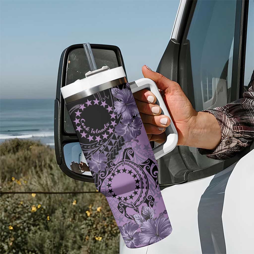 Cook Islands Turtle Tumbler With Handle Stars and Hibiscus - Purple