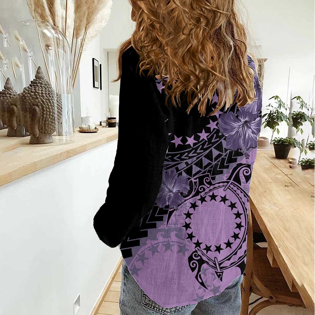 Cook Islands Turtle Women Casual Shirt Stars and Hibiscus - Purple LT01 - Polynesian Pride