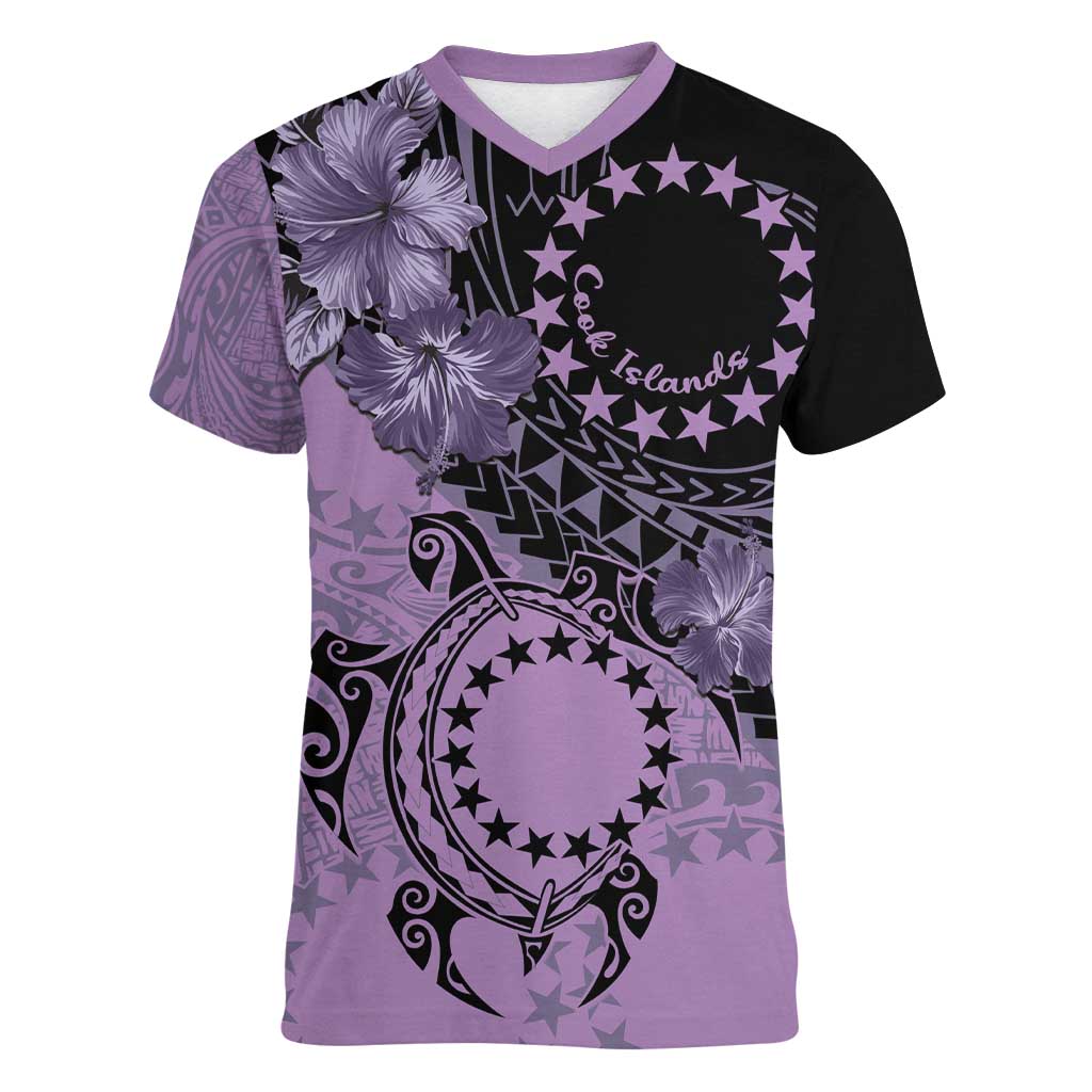 Cook Islands Turtle Women V-Neck T-Shirt Stars and Hibiscus - Purple LT01 Female Purple - Polynesian Pride