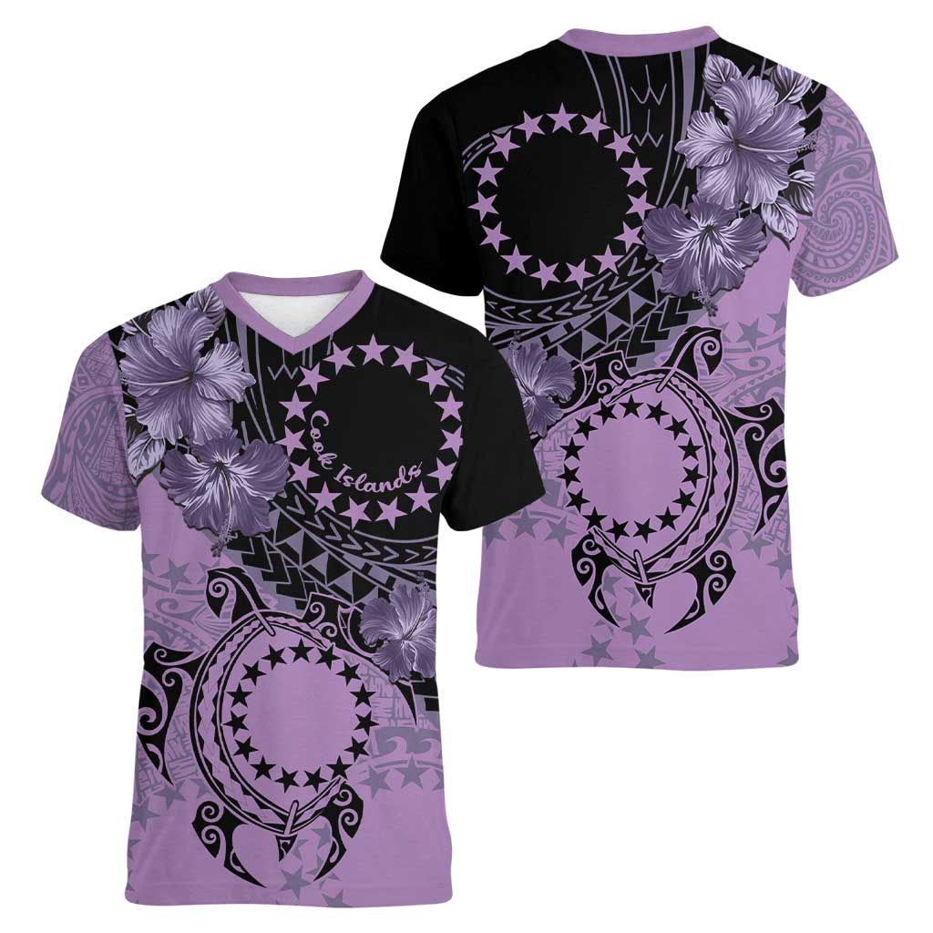 Cook Islands Turtle Women V-Neck T-Shirt Stars and Hibiscus - Purple LT01 - Polynesian Pride