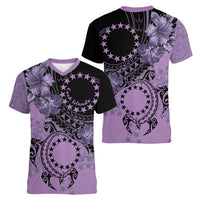 Cook Islands Turtle Women V-Neck T-Shirt Stars and Hibiscus - Purple LT01 - Polynesian Pride