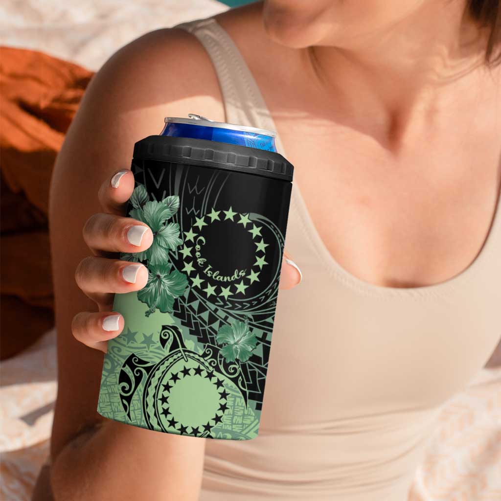 Cook Islands Turtle 4 in 1 Can Cooler Tumbler Stars and Hibiscus - Green
