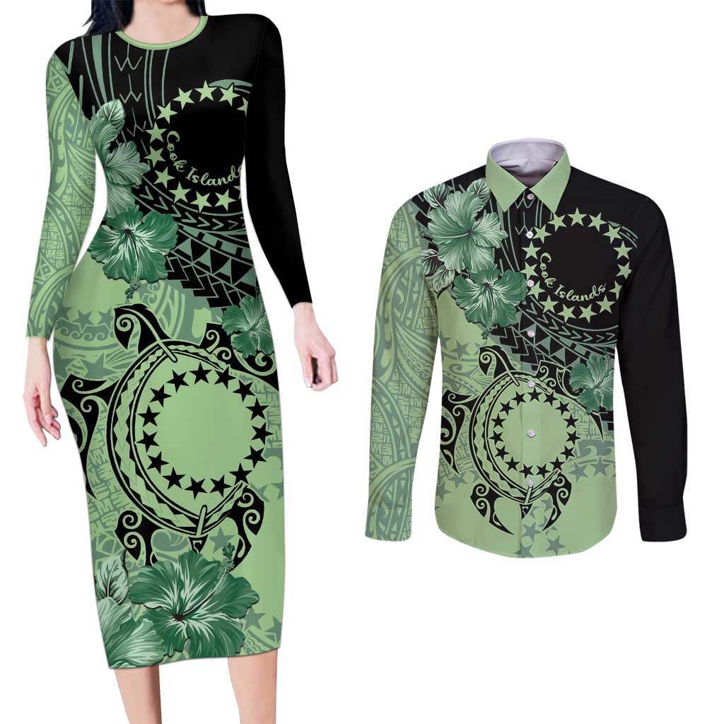 Cook Islands Turtle Couples Matching Long Sleeve Bodycon Dress and Long Sleeve Button Shirt Stars and Hibiscus - Green