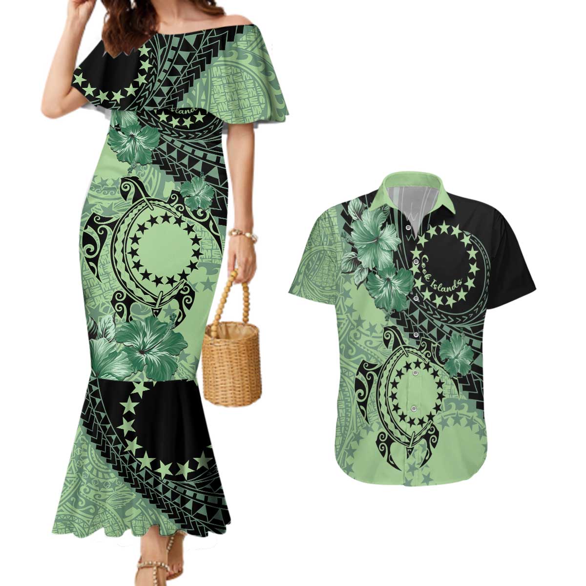 Cook Islands Turtle Couples Matching Mermaid Dress and Hawaiian Shirt Stars and Hibiscus - Green