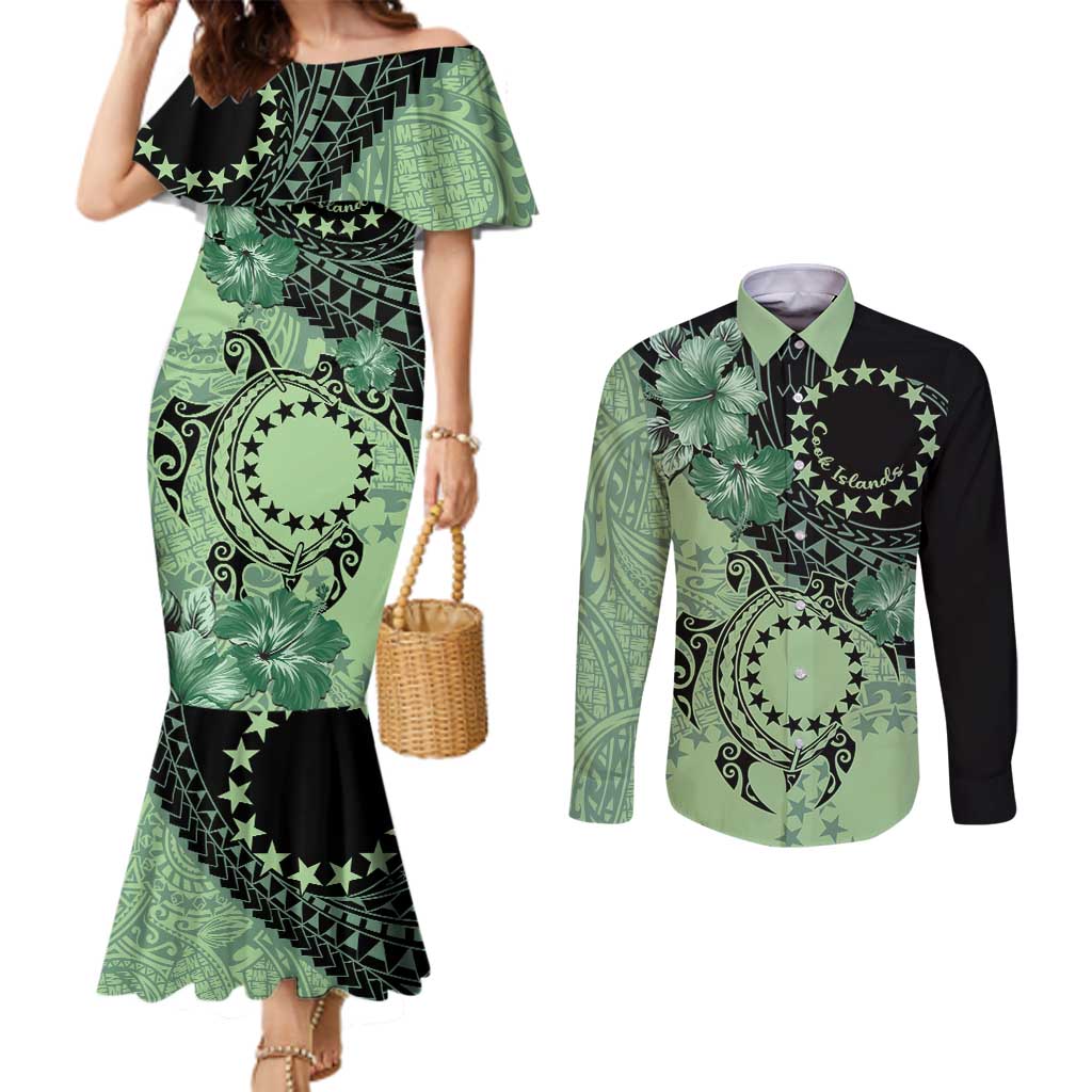 Cook Islands Turtle Couples Matching Mermaid Dress and Long Sleeve Button Shirt Stars and Hibiscus - Green