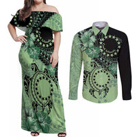 Cook Islands Turtle Couples Matching Off Shoulder Maxi Dress and Long Sleeve Button Shirt Stars and Hibiscus - Green