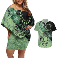 Cook Islands Turtle Couples Matching Off Shoulder Short Dress and Hawaiian Shirt Stars and Hibiscus - Green