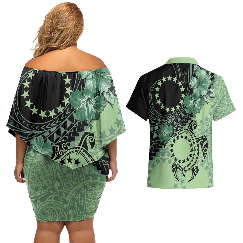 Cook Islands Turtle Couples Matching Off Shoulder Short Dress and Hawaiian Shirt Stars and Hibiscus - Green