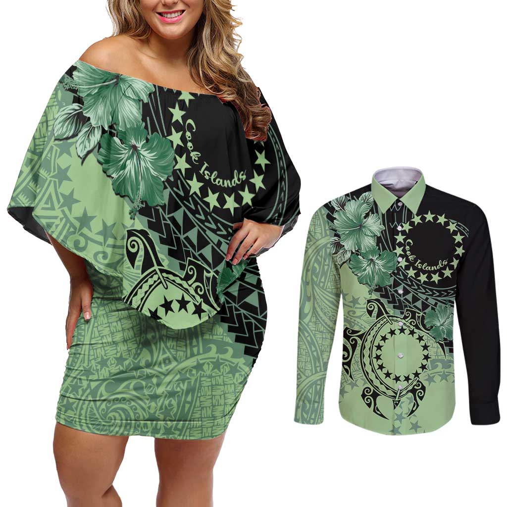 Cook Islands Turtle Couples Matching Off Shoulder Short Dress and Long Sleeve Button Shirt Stars and Hibiscus - Green