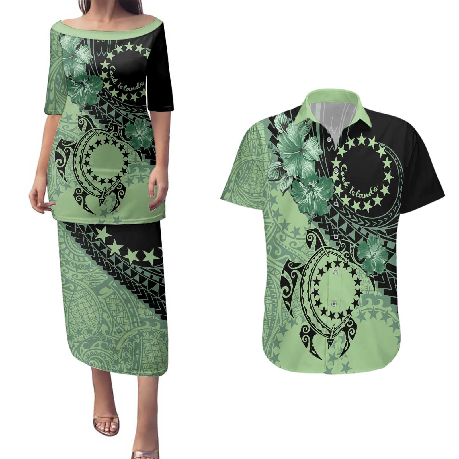 Cook Islands Turtle Couples Matching Puletasi and Hawaiian Shirt Stars and Hibiscus - Green
