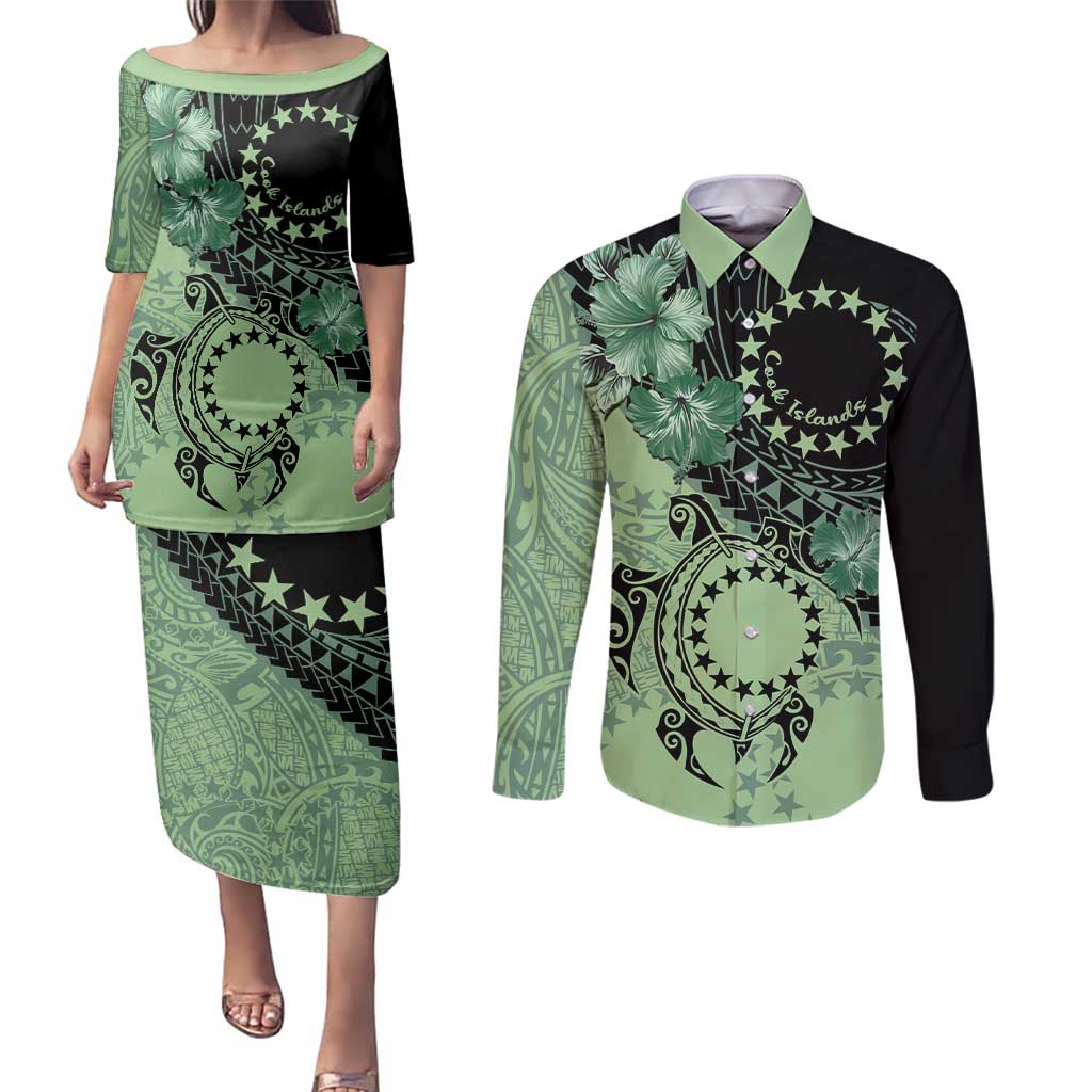 Cook Islands Turtle Couples Matching Puletasi and Long Sleeve Button Shirt Stars and Hibiscus - Green