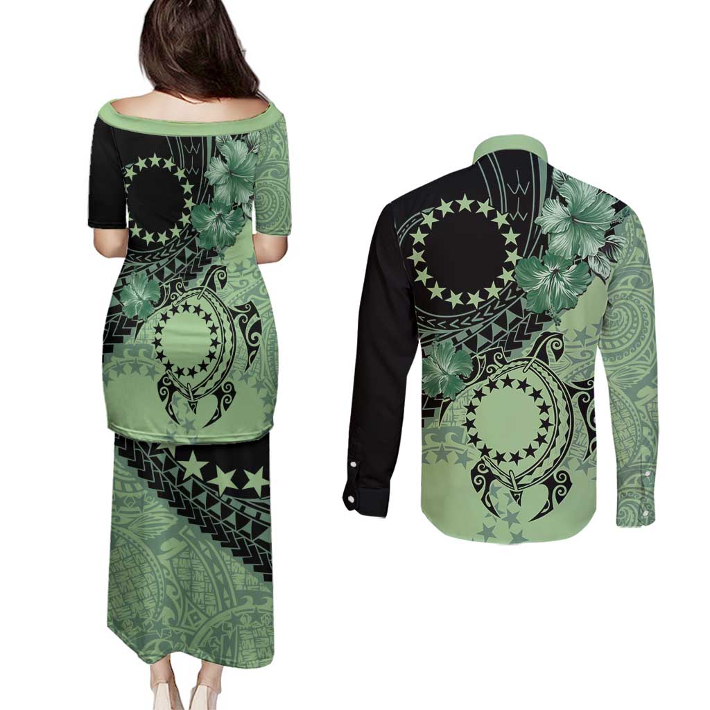 Cook Islands Turtle Couples Matching Puletasi and Long Sleeve Button Shirt Stars and Hibiscus - Green