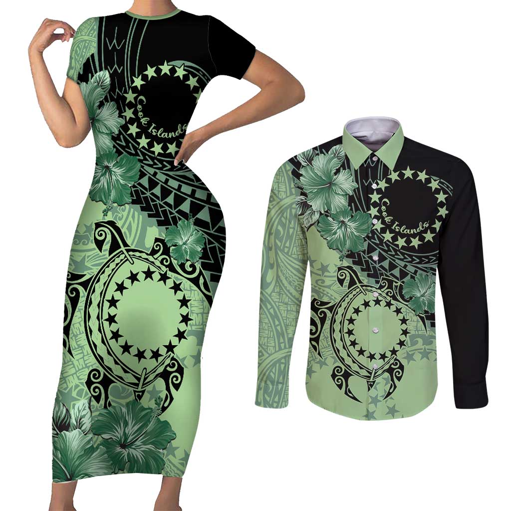 Cook Islands Turtle Couples Matching Short Sleeve Bodycon Dress and Long Sleeve Button Shirt Stars and Hibiscus - Green