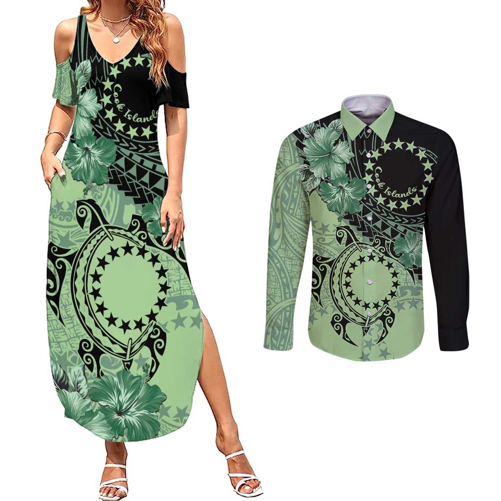 Cook Islands Turtle Couples Matching Summer Maxi Dress and Long Sleeve Button Shirt Stars and Hibiscus - Green