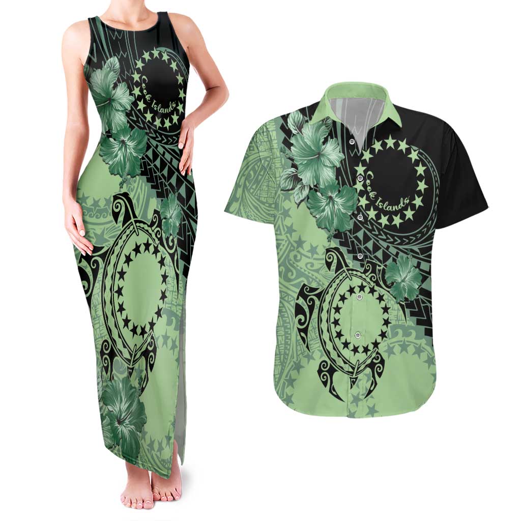 Cook Islands Turtle Couples Matching Tank Maxi Dress and Hawaiian Shirt Stars and Hibiscus - Green