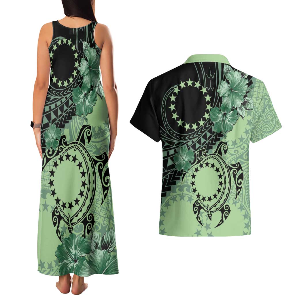 Cook Islands Turtle Couples Matching Tank Maxi Dress and Hawaiian Shirt Stars and Hibiscus - Green