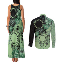 Cook Islands Turtle Couples Matching Tank Maxi Dress and Long Sleeve Button Shirt Stars and Hibiscus - Green