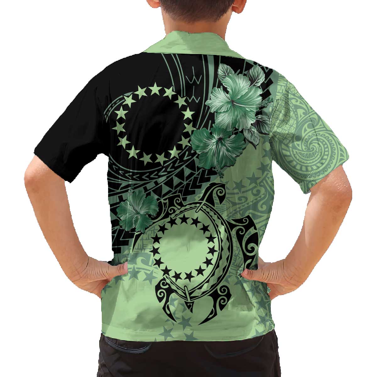 Cook Islands Turtle Family Matching Off The Shoulder Long Sleeve Dress and Hawaiian Shirt Stars and Hibiscus - Green