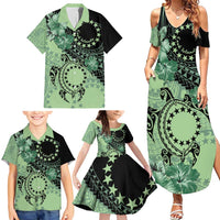 Cook Islands Turtle Family Matching Summer Maxi Dress and Hawaiian Shirt Stars and Hibiscus - Green