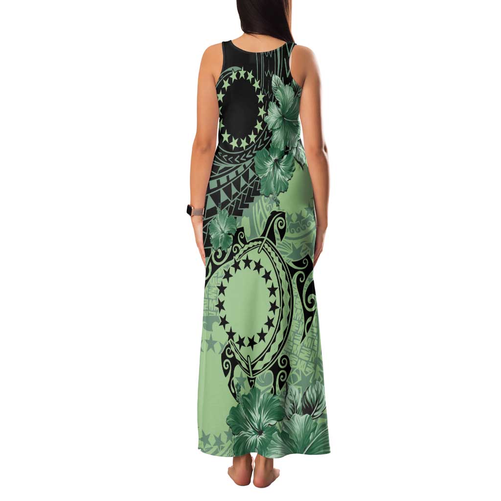 Cook Islands Turtle Family Matching Tank Maxi Dress and Hawaiian Shirt Stars and Hibiscus - Green