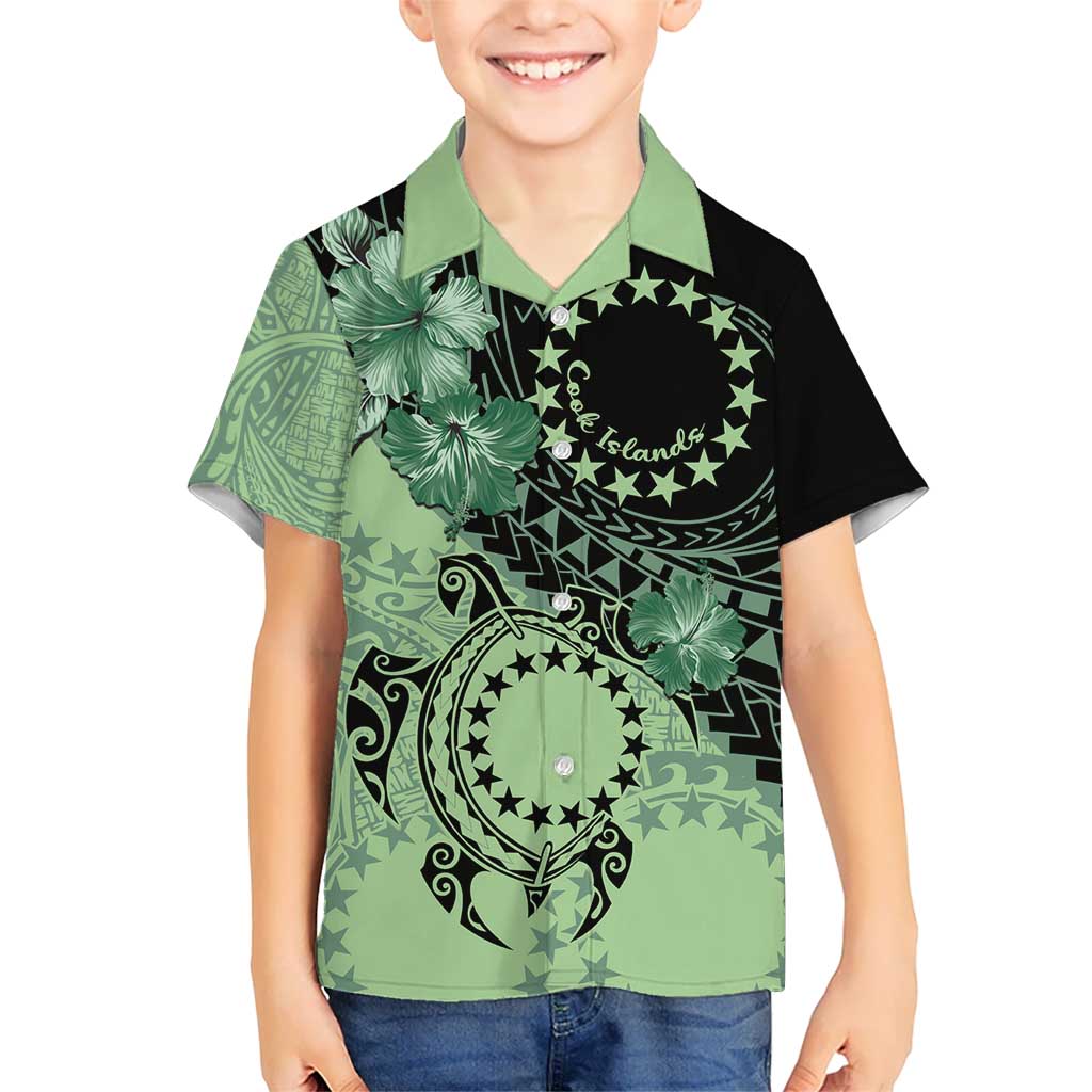 Cook Islands Turtle Kid Hawaiian Shirt Stars and Hibiscus - Green LT01 Kid Green - Polynesian Pride