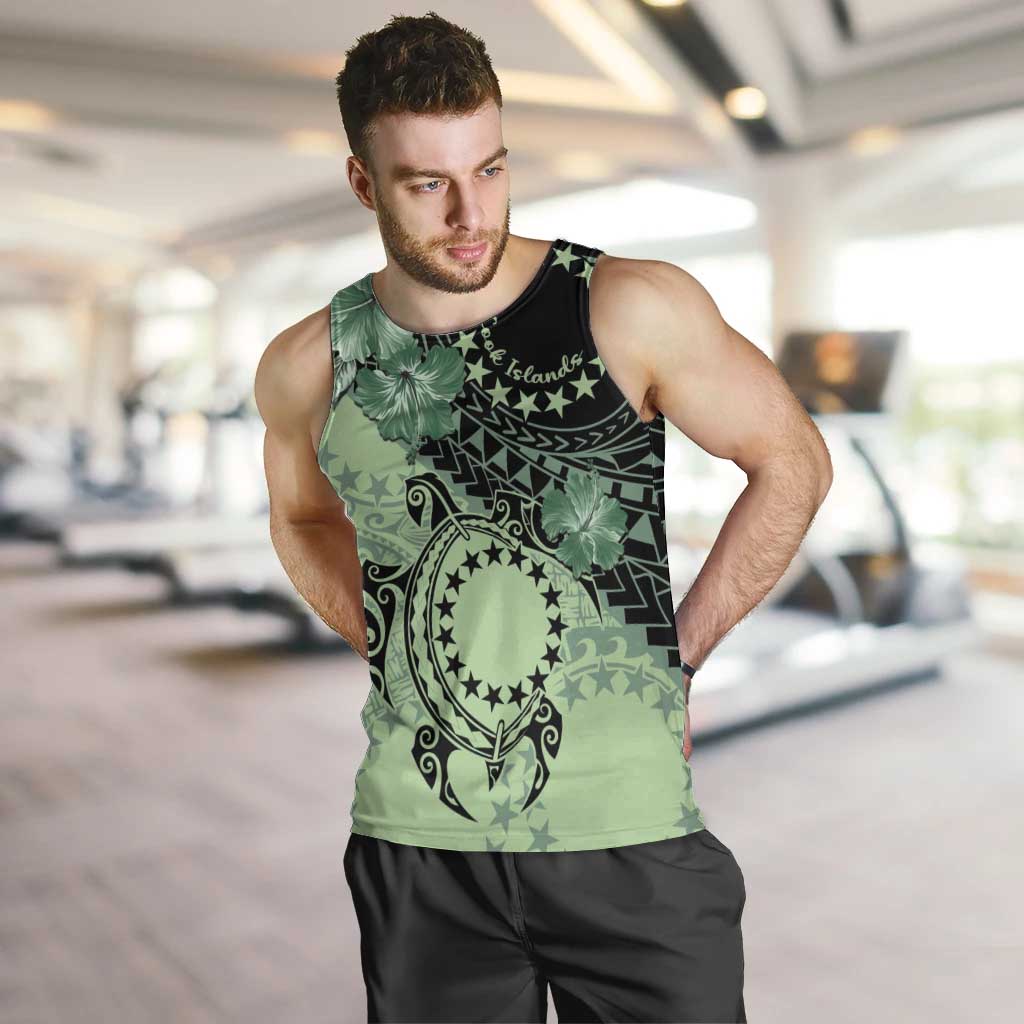 Cook Islands Turtle Men Tank Top Stars and Hibiscus - Green