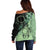 Cook Islands Turtle Off Shoulder Sweater Stars and Hibiscus - Green