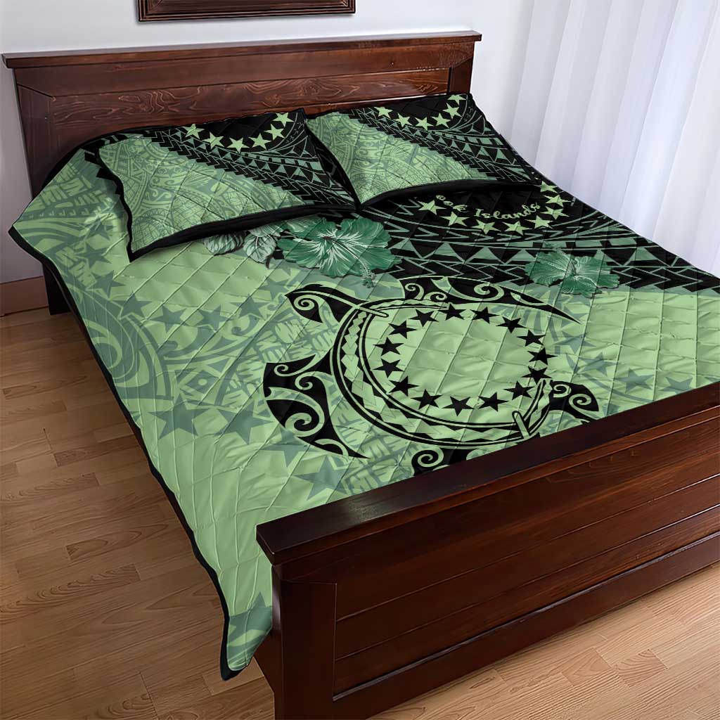 Cook Islands Turtle Quilt Bed Set Stars and Hibiscus - Green