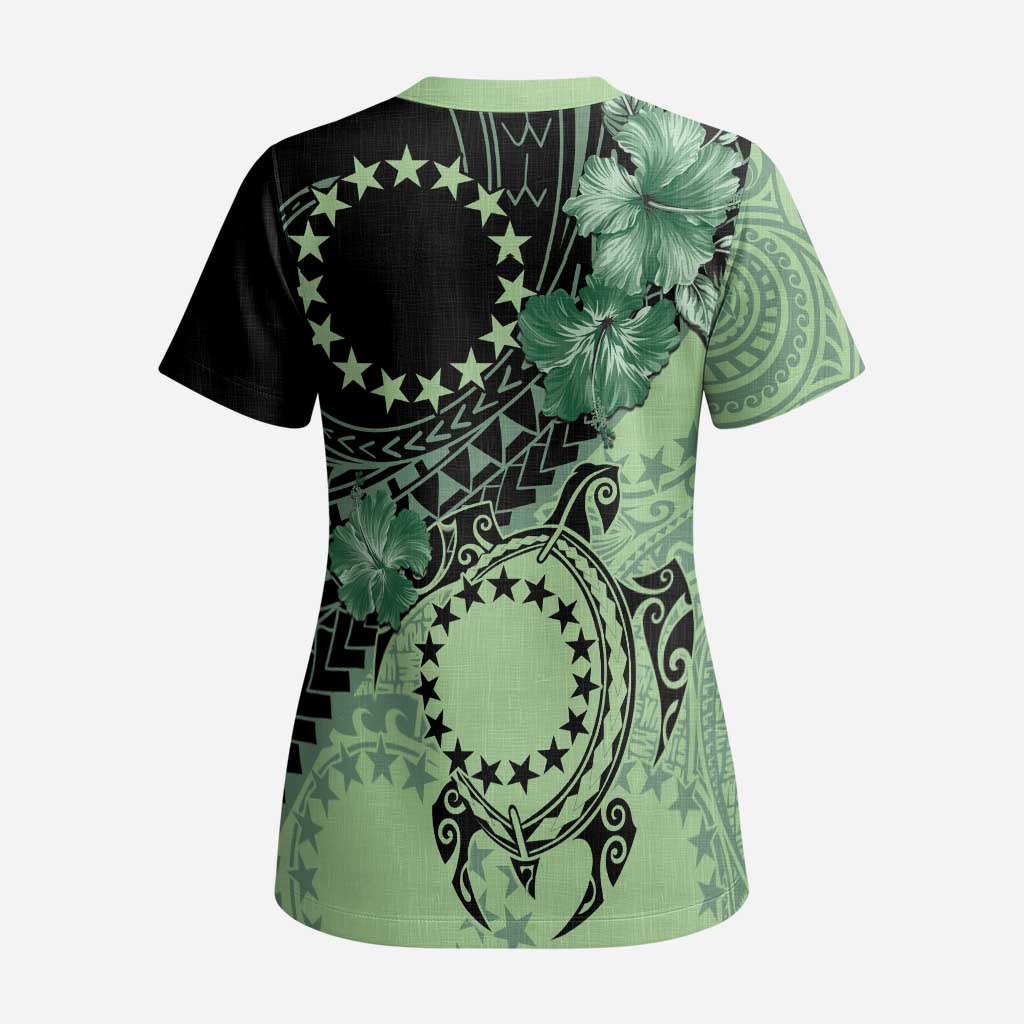 Cook Islands Turtle Scrub Top Stars and Hibiscus - Green LT01 - Polynesian Pride