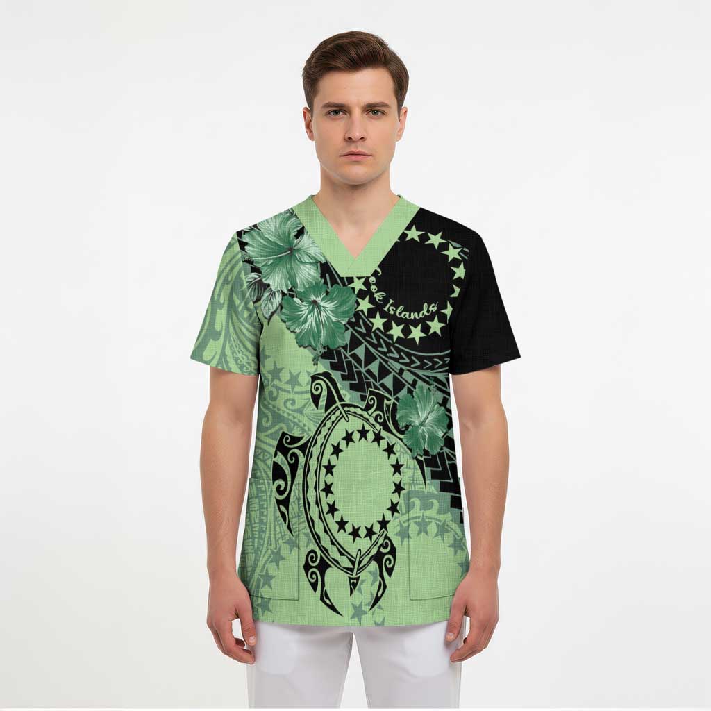 Cook Islands Turtle Scrub Top Stars and Hibiscus - Green LT01 - Polynesian Pride