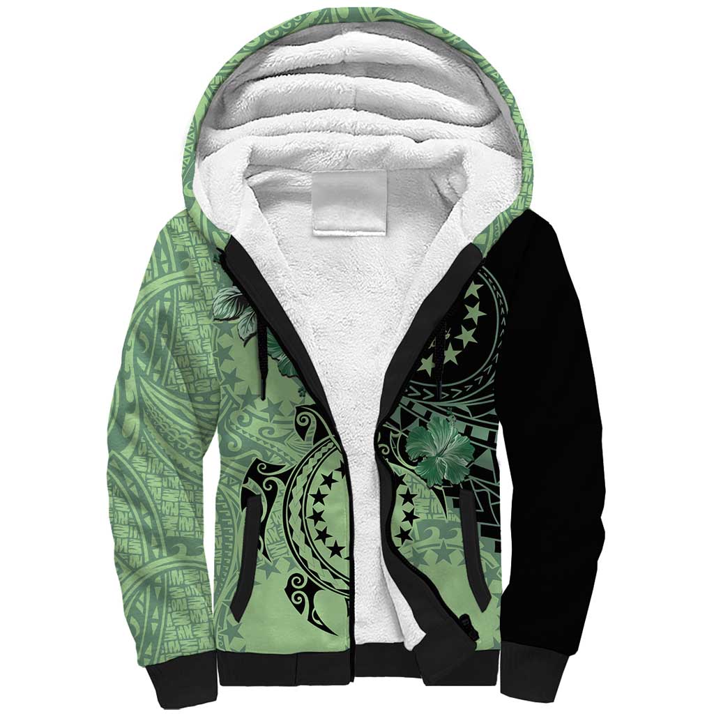 Cook Islands Turtle Sherpa Hoodie Stars and Hibiscus - Green