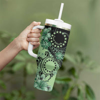 Cook Islands Turtle Tumbler With Handle Stars and Hibiscus - Green