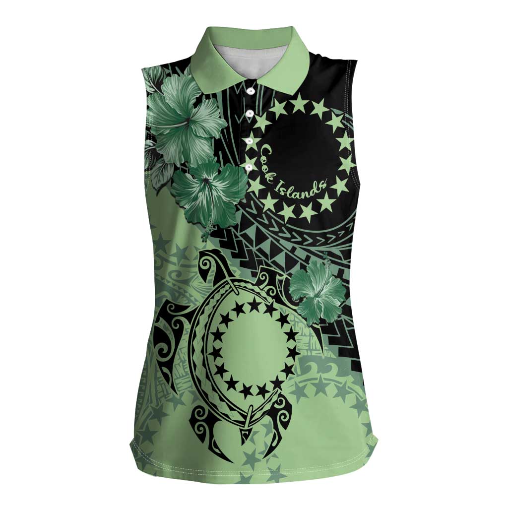 Cook Islands Turtle Women Sleeveless Polo Shirt Stars and Hibiscus - Green LT01 Female Green - Polynesian Pride