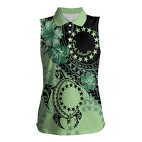 Cook Islands Turtle Women Sleeveless Polo Shirt Stars and Hibiscus - Green LT01 Female Green - Polynesian Pride