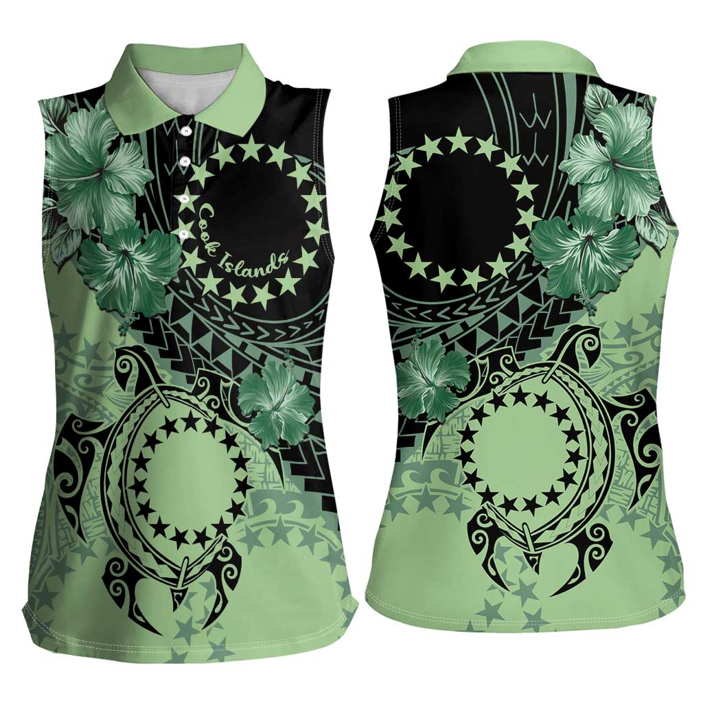 Cook Islands Turtle Women Sleeveless Polo Shirt Stars and Hibiscus - Green LT01 - Polynesian Pride