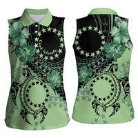 Cook Islands Turtle Women Sleeveless Polo Shirt Stars and Hibiscus - Green LT01 - Polynesian Pride