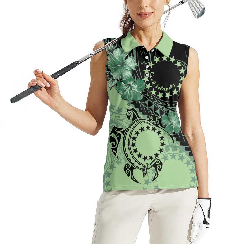 Cook Islands Turtle Women Sleeveless Polo Shirt Stars and Hibiscus - Green LT01 - Polynesian Pride