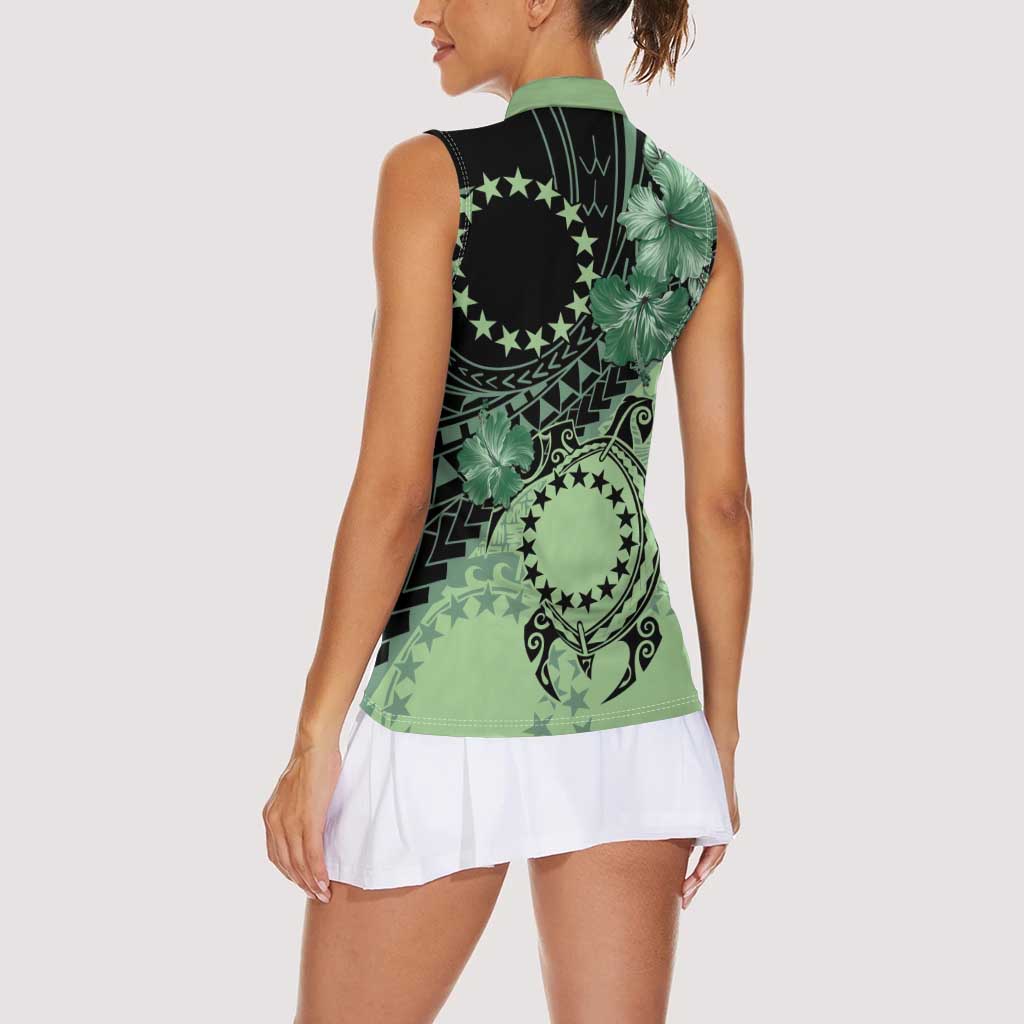 Cook Islands Turtle Women Sleeveless Polo Shirt Stars and Hibiscus - Green LT01 - Polynesian Pride