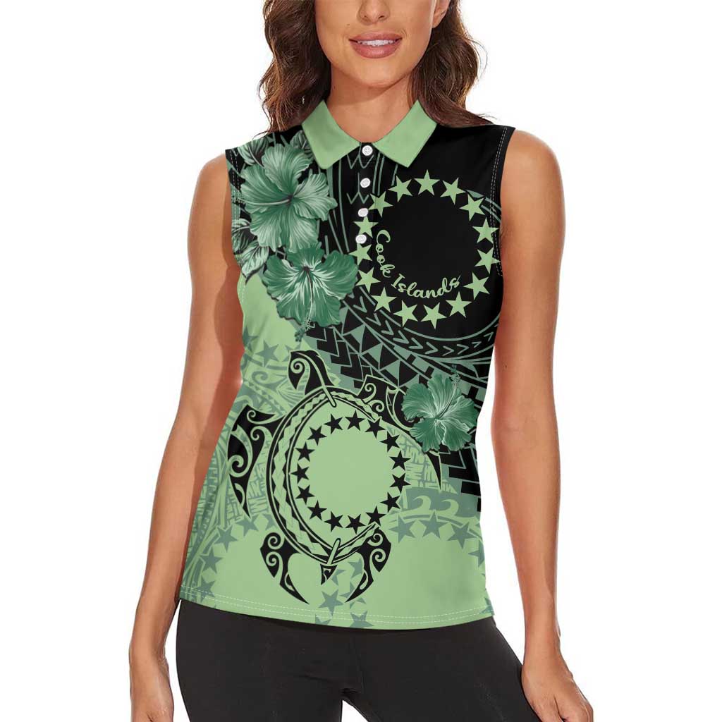 Cook Islands Turtle Women Sleeveless Polo Shirt Stars and Hibiscus - Green LT01 - Polynesian Pride