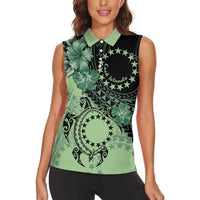 Cook Islands Turtle Women Sleeveless Polo Shirt Stars and Hibiscus - Green LT01 - Polynesian Pride