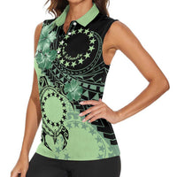 Cook Islands Turtle Women Sleeveless Polo Shirt Stars and Hibiscus - Green LT01 - Polynesian Pride