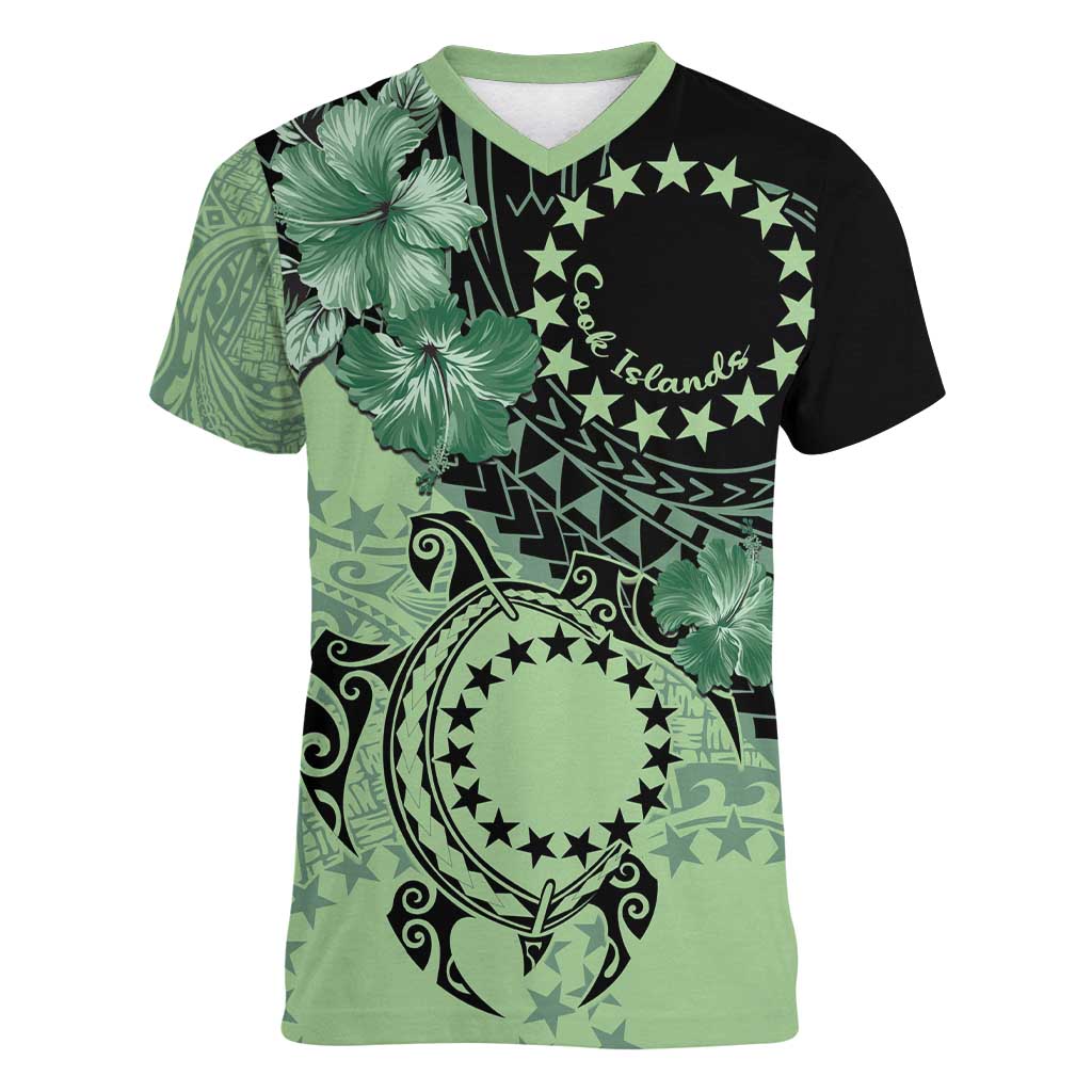 Cook Islands Turtle Women V-Neck T-Shirt Stars and Hibiscus - Green LT01 Female Green - Polynesian Pride