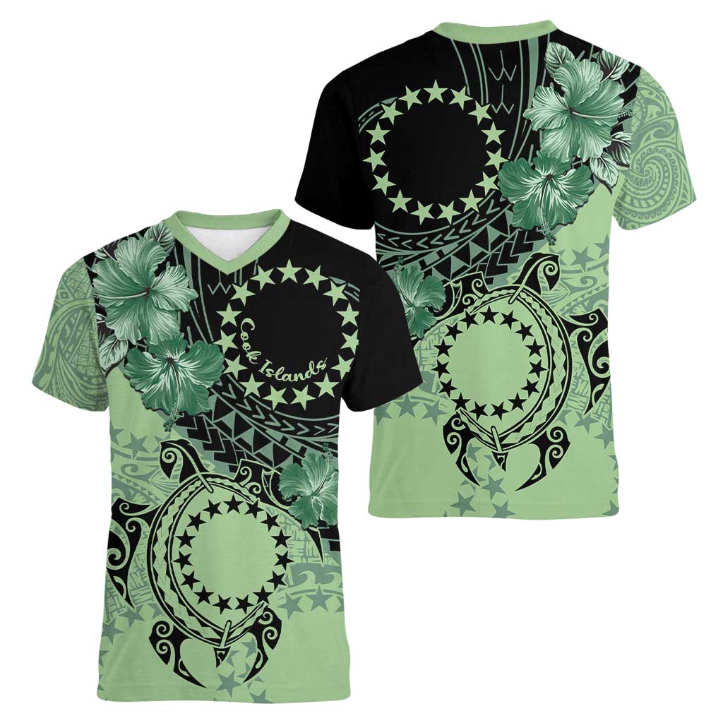 Cook Islands Turtle Women V-Neck T-Shirt Stars and Hibiscus - Green LT01 - Polynesian Pride