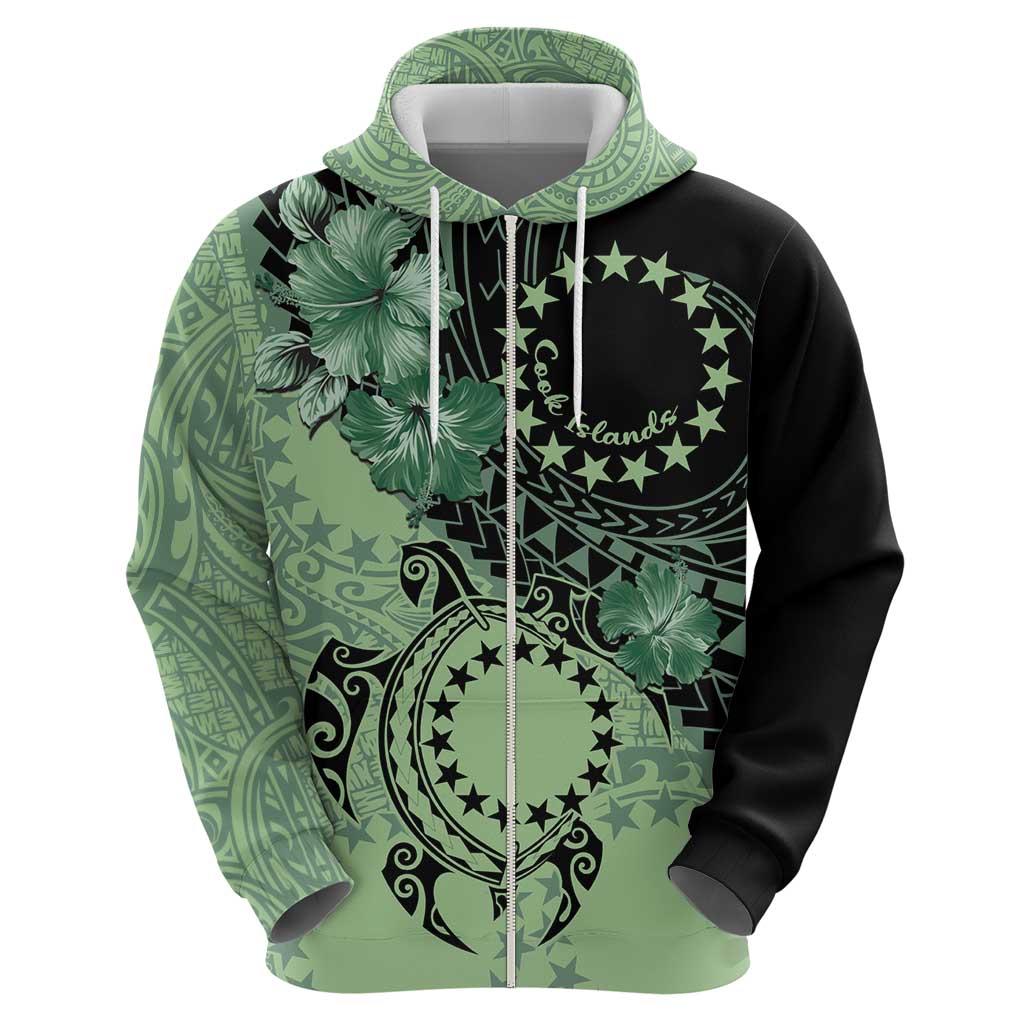Cook Islands Turtle Zip Hoodie Stars and Hibiscus - Green