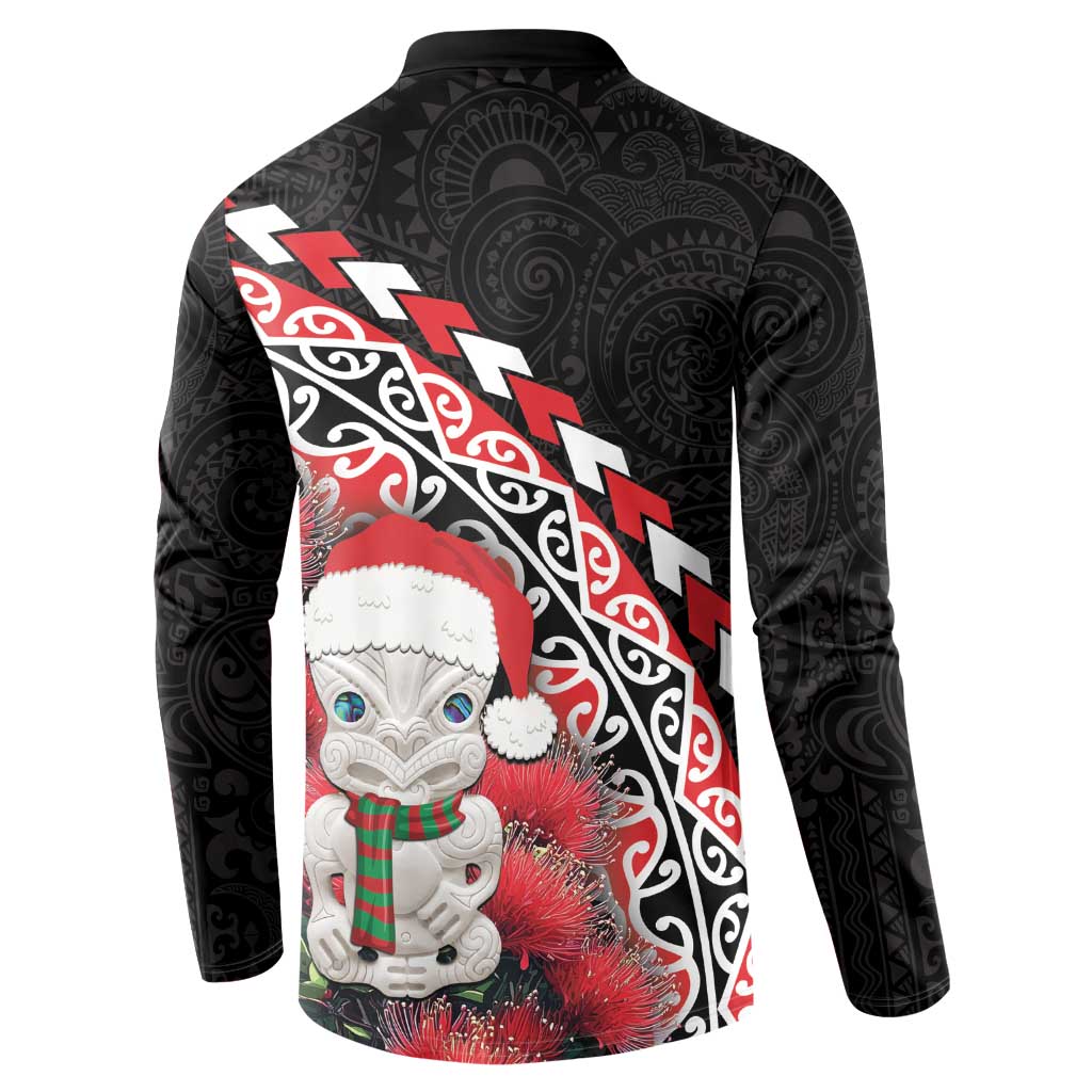 New Zealand Christmas Meri Kirihimete Button Sweatshirt Santa Hei Tiki Pohutukawa